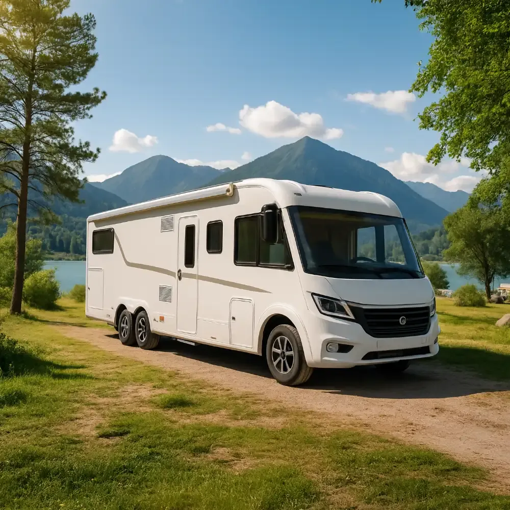 3-achsiges Wohnmobil auf dem Campingplatz